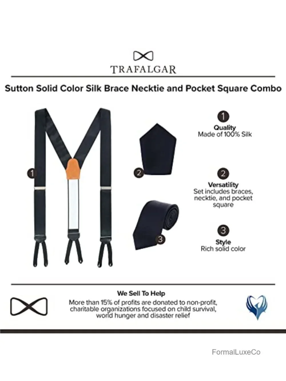 Silk Necktie & Pocket Square Set with Suspenders, Adjustable, Formal